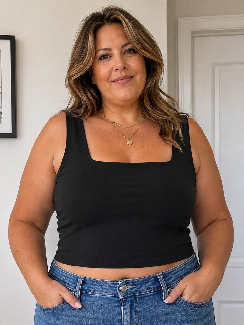 Joe Fresh 1X New Classic Black Square-Neck Crop Tank Top